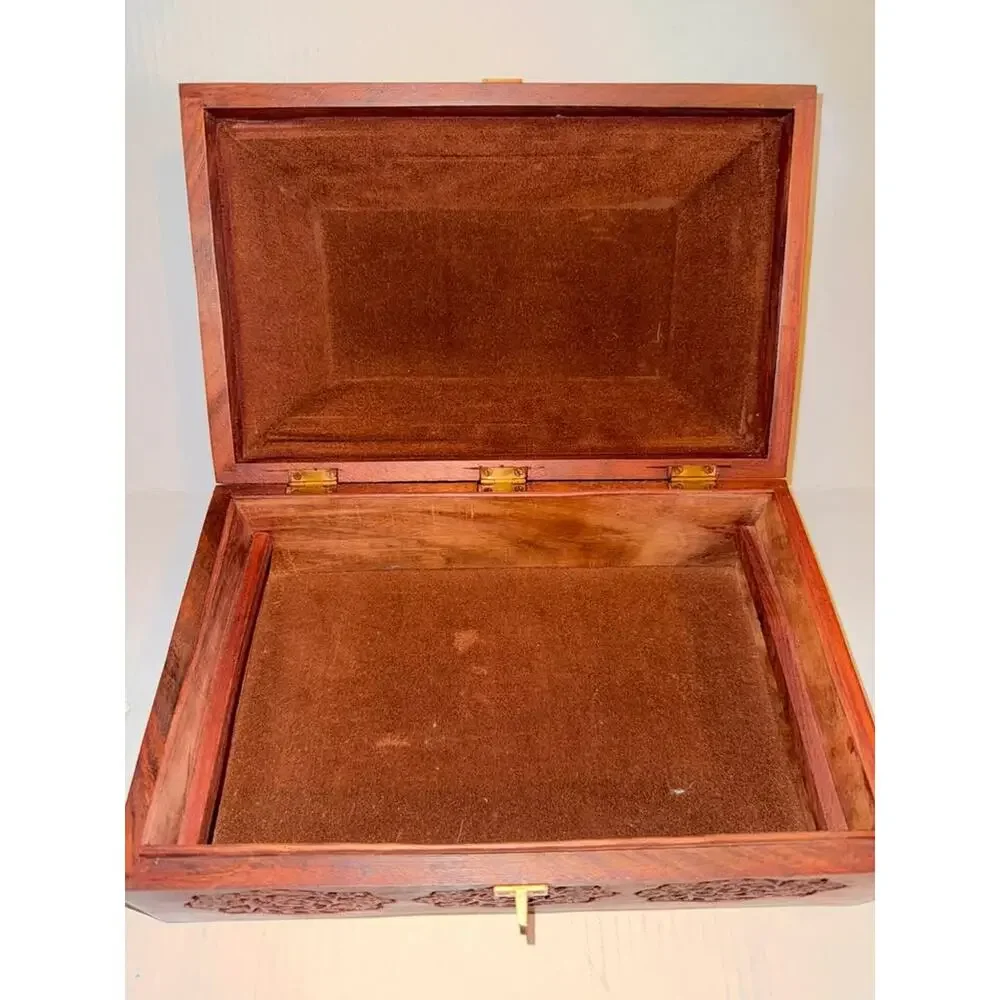 Vintage Hand-Carved Anglo-Indian Jewelry Box in Teak Wood with floral inlay